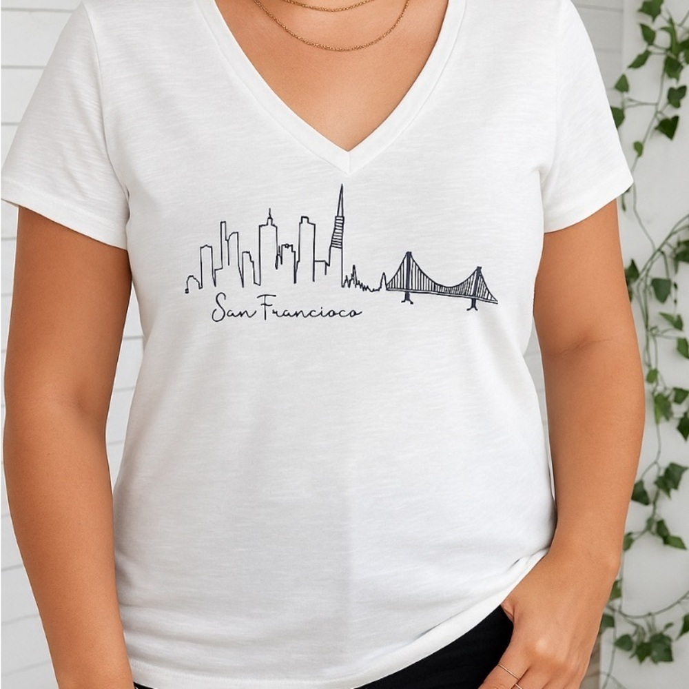 Kavio White V-Neck Tee with Skyline Design